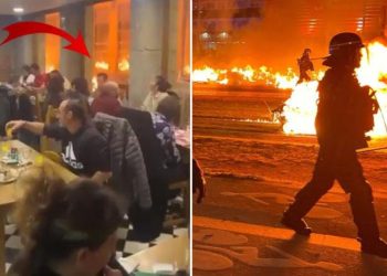 Fransa’yı karıştıran görüntü! Protestolar sırasında sokaklar alev alev yanarken, onlar yemek yemeye devam ettiler