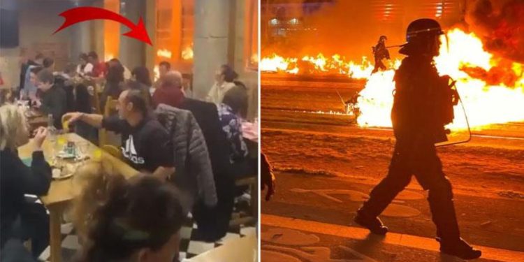 Fransa’yı karıştıran görüntü! Protestolar sırasında sokaklar alev alev yanarken, onlar yemek yemeye devam ettiler