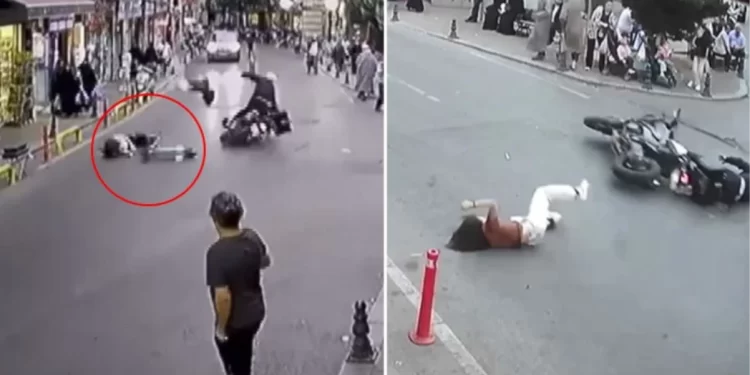 Skuterla motosiklet çarpıştı, 2 kız çocuğu takla atıp yere savruldu! Kaza anbean kamerada