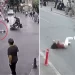Skuterla motosiklet çarpıştı, 2 kız çocuğu takla atıp yere savruldu! Kaza anbean kamerada
